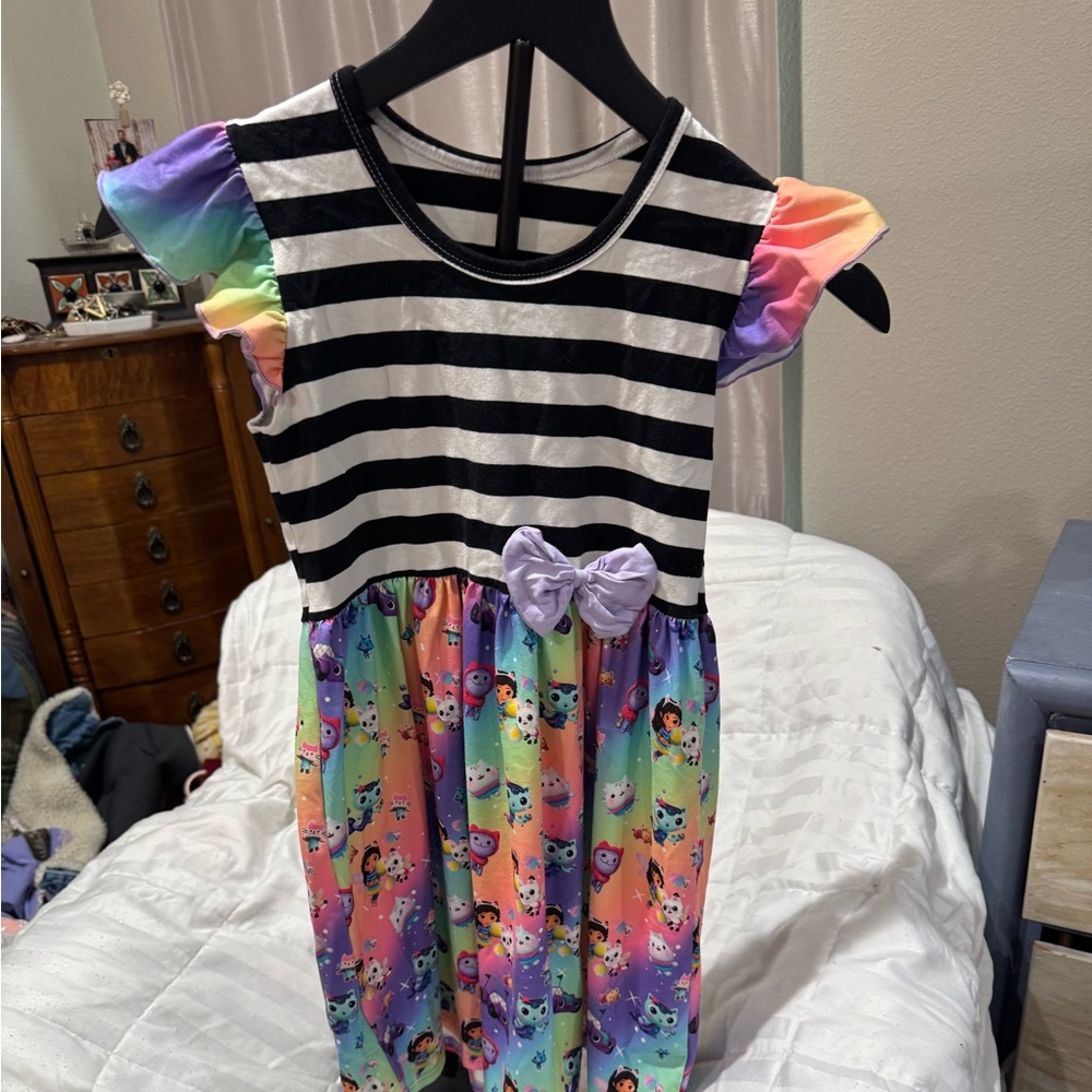 Striped Rainbow Dress with Cat Print